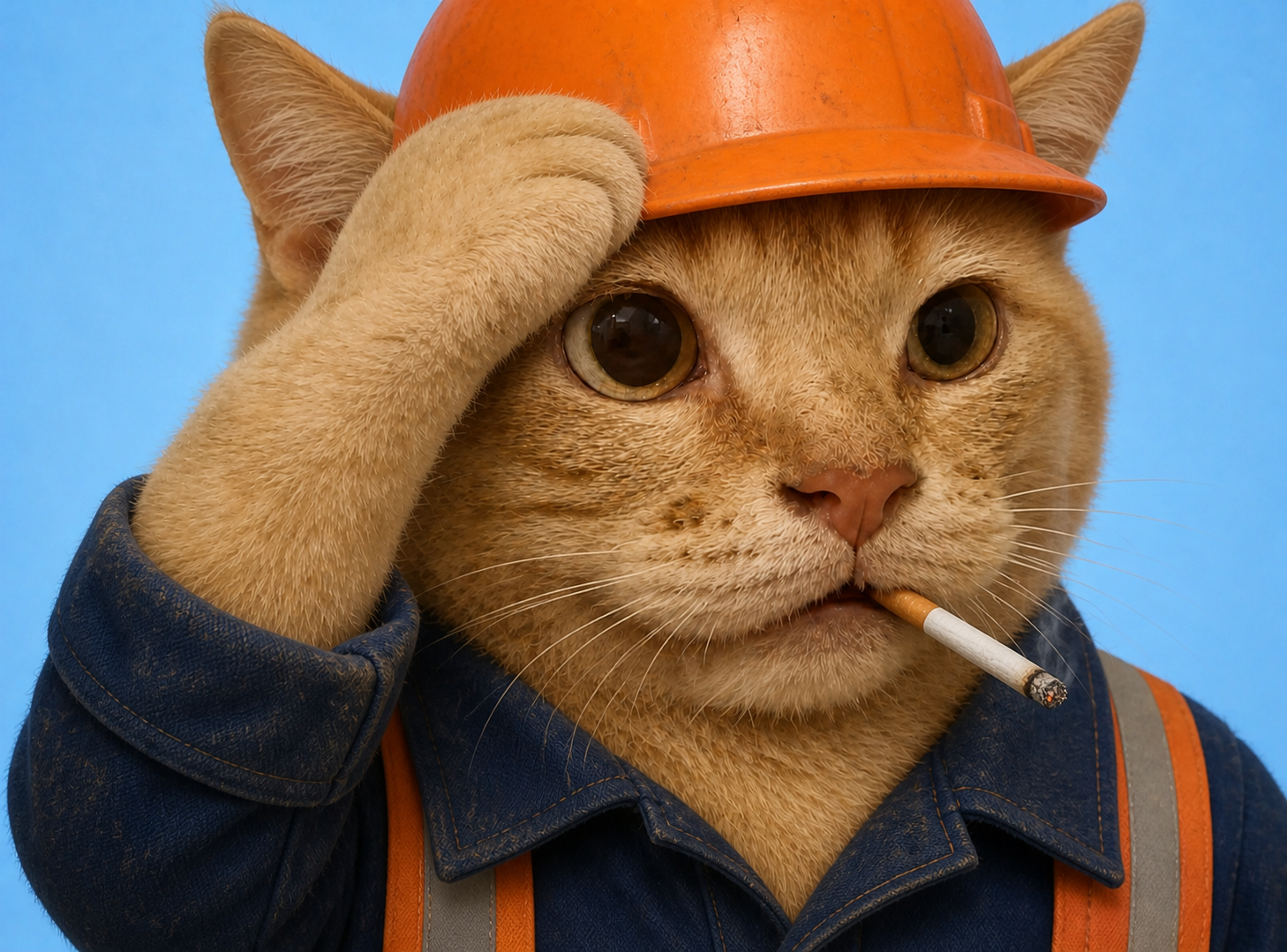 FORECAT, a ginger cat foreman in an orange hard hat